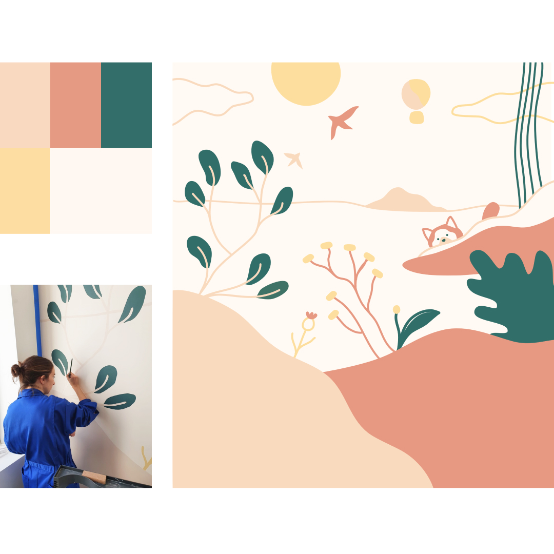 Fresque murale couleurs et dessin préparatoire